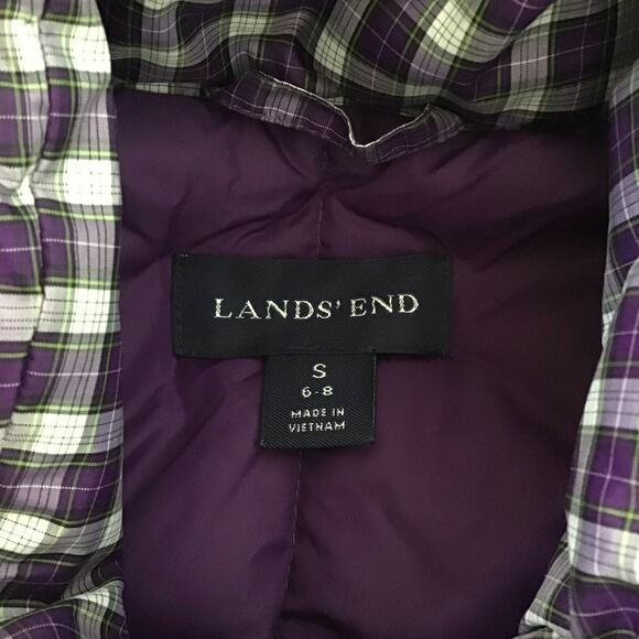 Lands' End Down Filled Quilted Puffer Vest Purple Plum Black Tartan Plaid S 6 8 - Picture 6 of 7